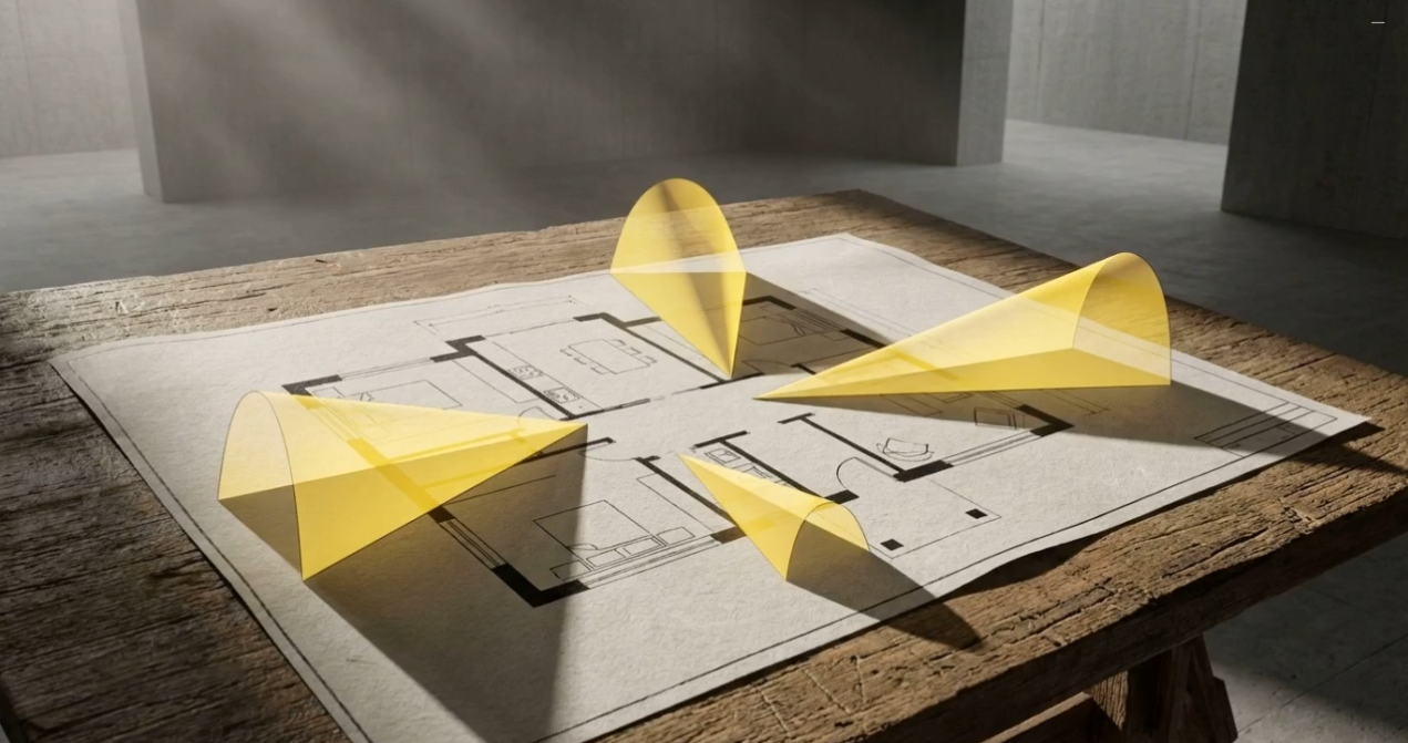 Architectural lighting design blueprint showing planned light placement and beam angles for a luxury home using Lutron Ketra systems by Smarter Homes.