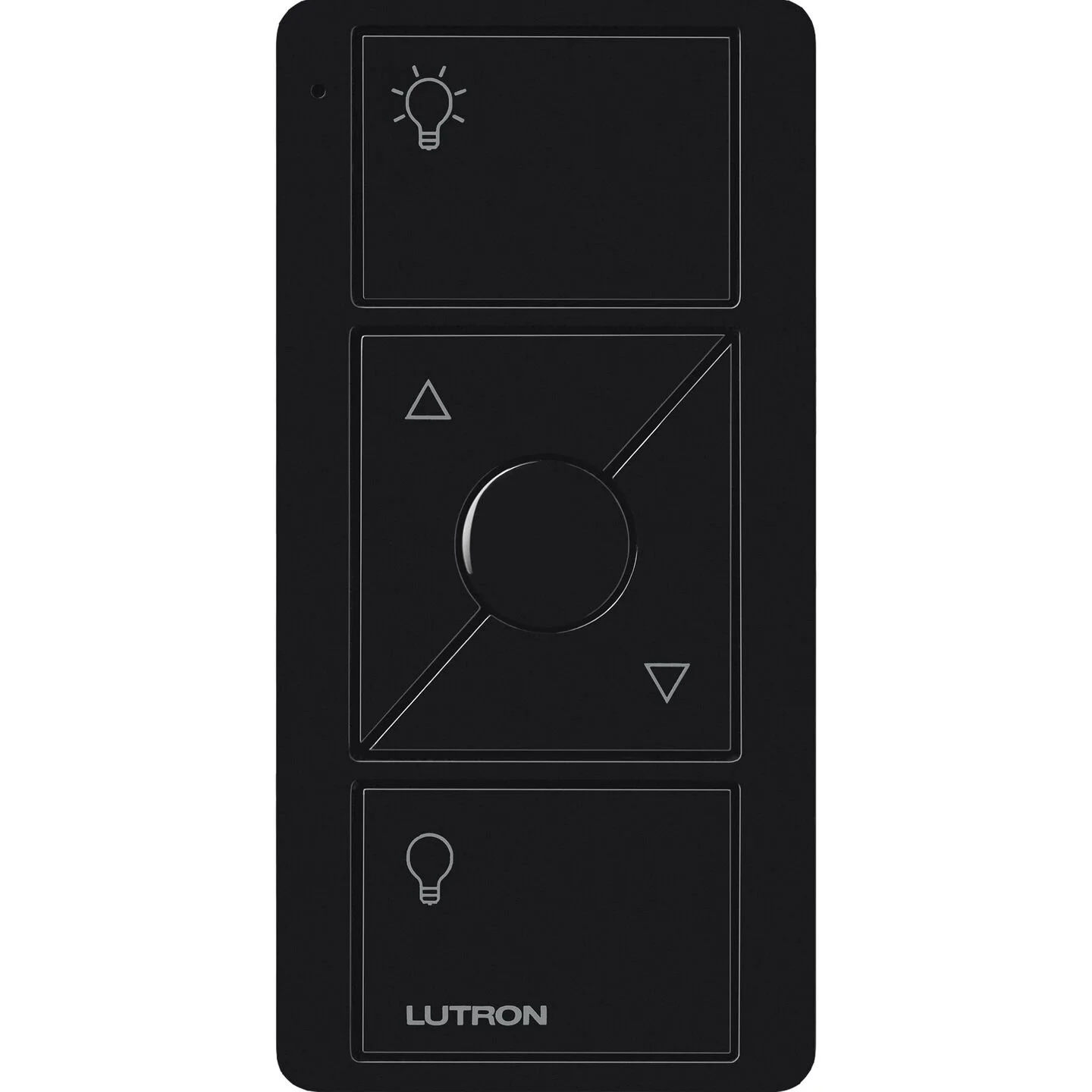 Black remote control with a large central dial, up and down arrow buttons, a lightbulb icon at the top and bottom, and the brand name 'Lutron' at the bottom.