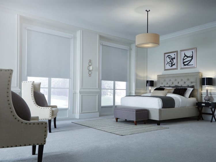 Bedroom with upholstered bed (Private Residence, USA): Ketra bulbs, Triathlon shades and HomeWorks QSX