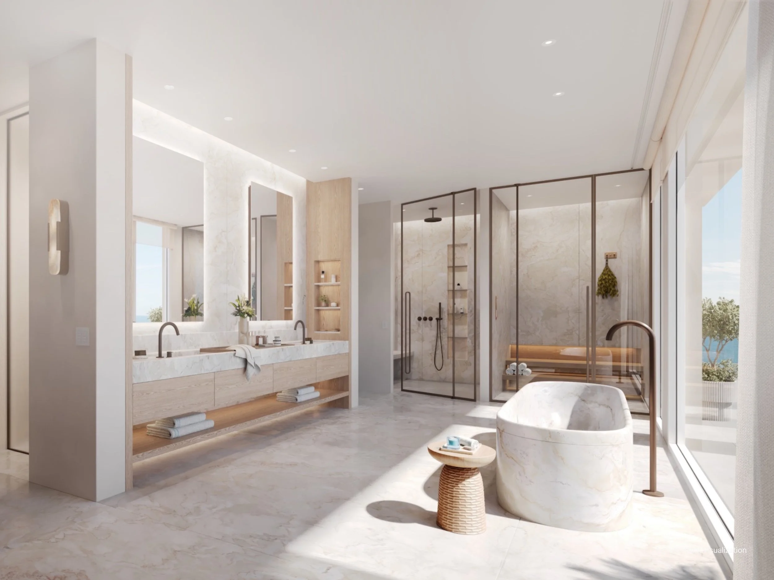 A luxurious spa-inspired bathroom bathed in natural light with Lutron motorized sheer shades across full-height glass doors for privacy and daylight control. The space features a sculptural freestanding marble tub, a sleek double vanity with integrat