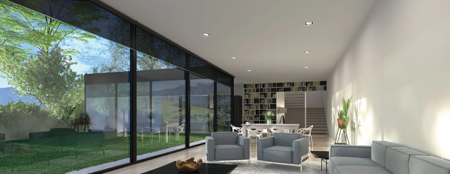 Palladiom shades across a glass wall in a living room