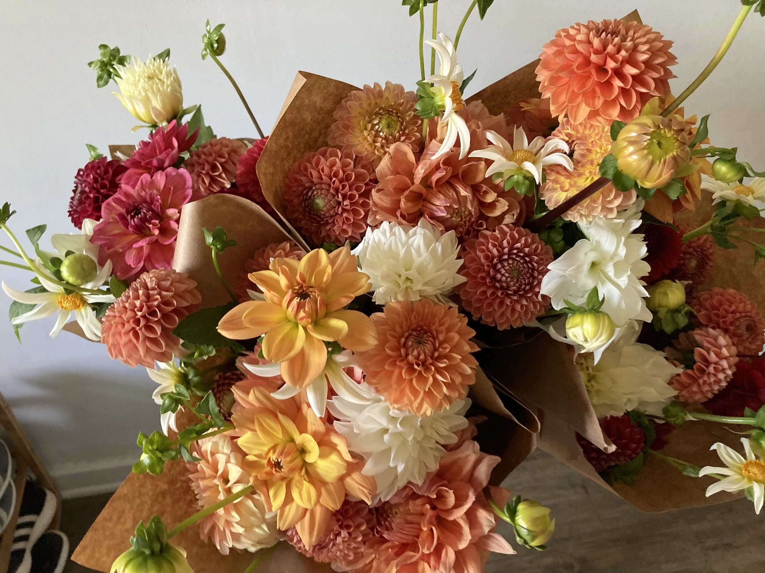 Bright gold, white, and orange dahlia bouquets from our Dahlia Bouquet Share