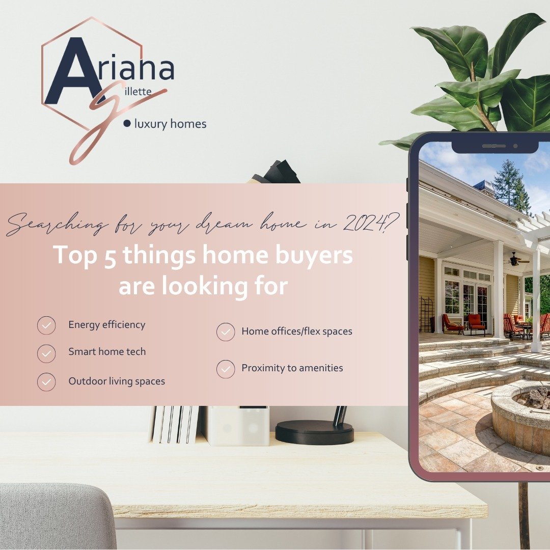 🏡🌟 Searching for your dream home in 2024? Here are the top 5 things home buyers are looking for:

Energy efficiency 🌿
Smart home tech 🏠💻
Outdoor living spaces 🌳
Home offices or flex spaces 🖥️
Proximity to amenities 🛍️🏞️

Thinking about a dre