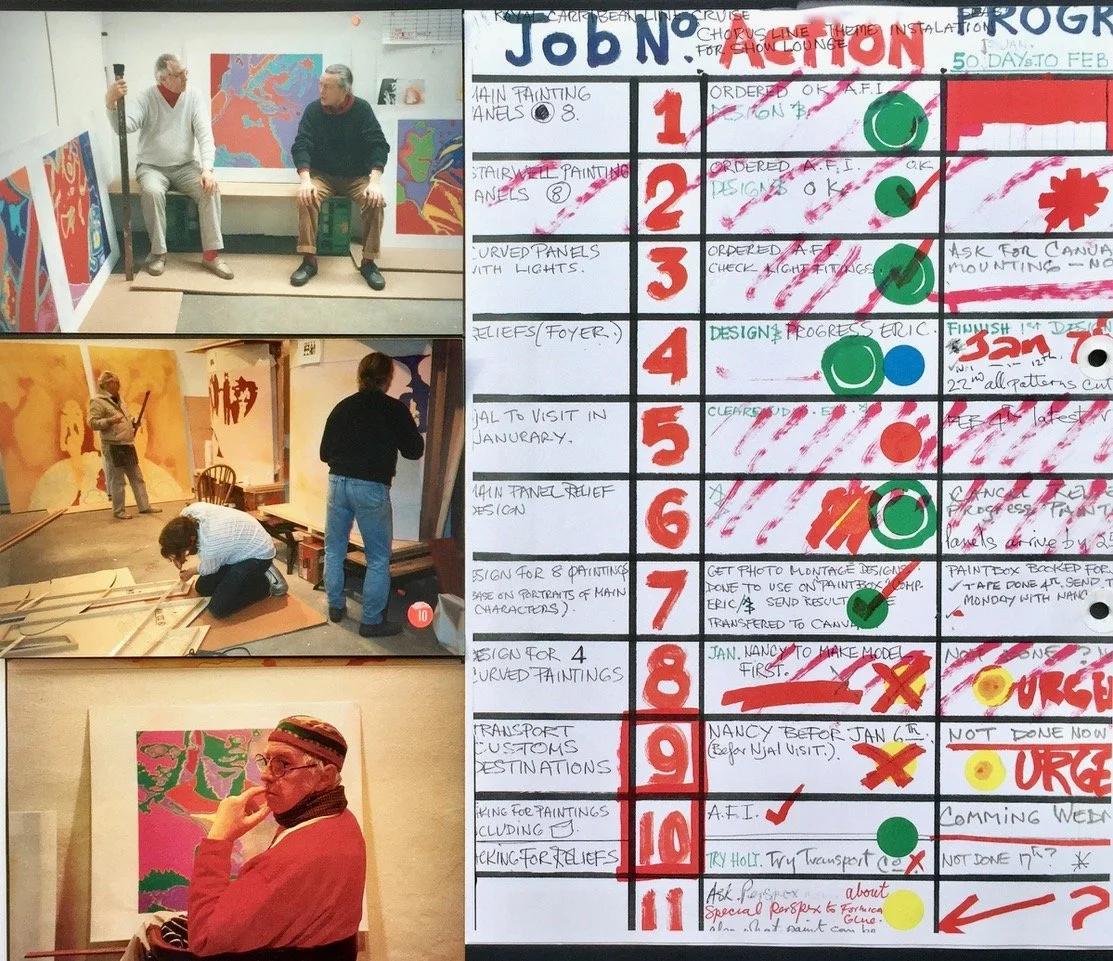 Derek Greaves, Eric Smee, and Benjamin working on Chorus Line, along with their job sheet, 1987.