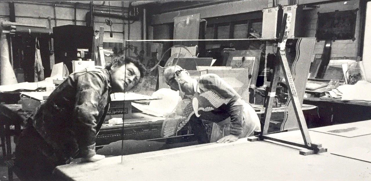 Benjamin and glass etching technician in London specialist glass-etching studio, 1989. Photo: Jessica Strang
