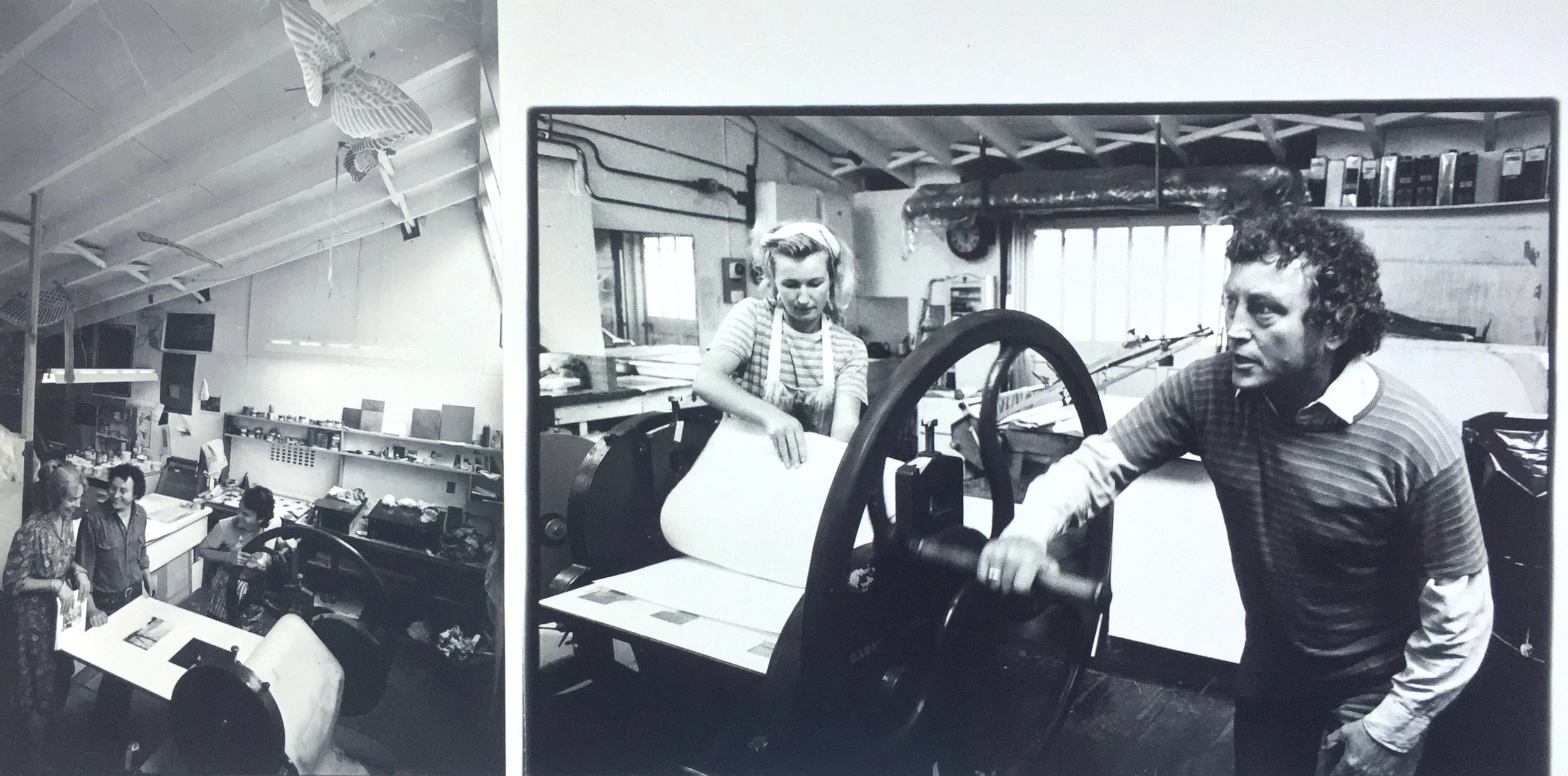 Benjamin and Nancy in the studio (left); Stella Whalley and Benjamin on the etching press, 1976. Photos: David Wright