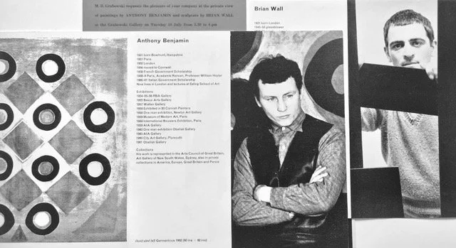 Norbert Lynton also wrote in a 1962 Grabowski Gallery Catalogue, Anthony Benjamin painting and Brian Wall sculpture—