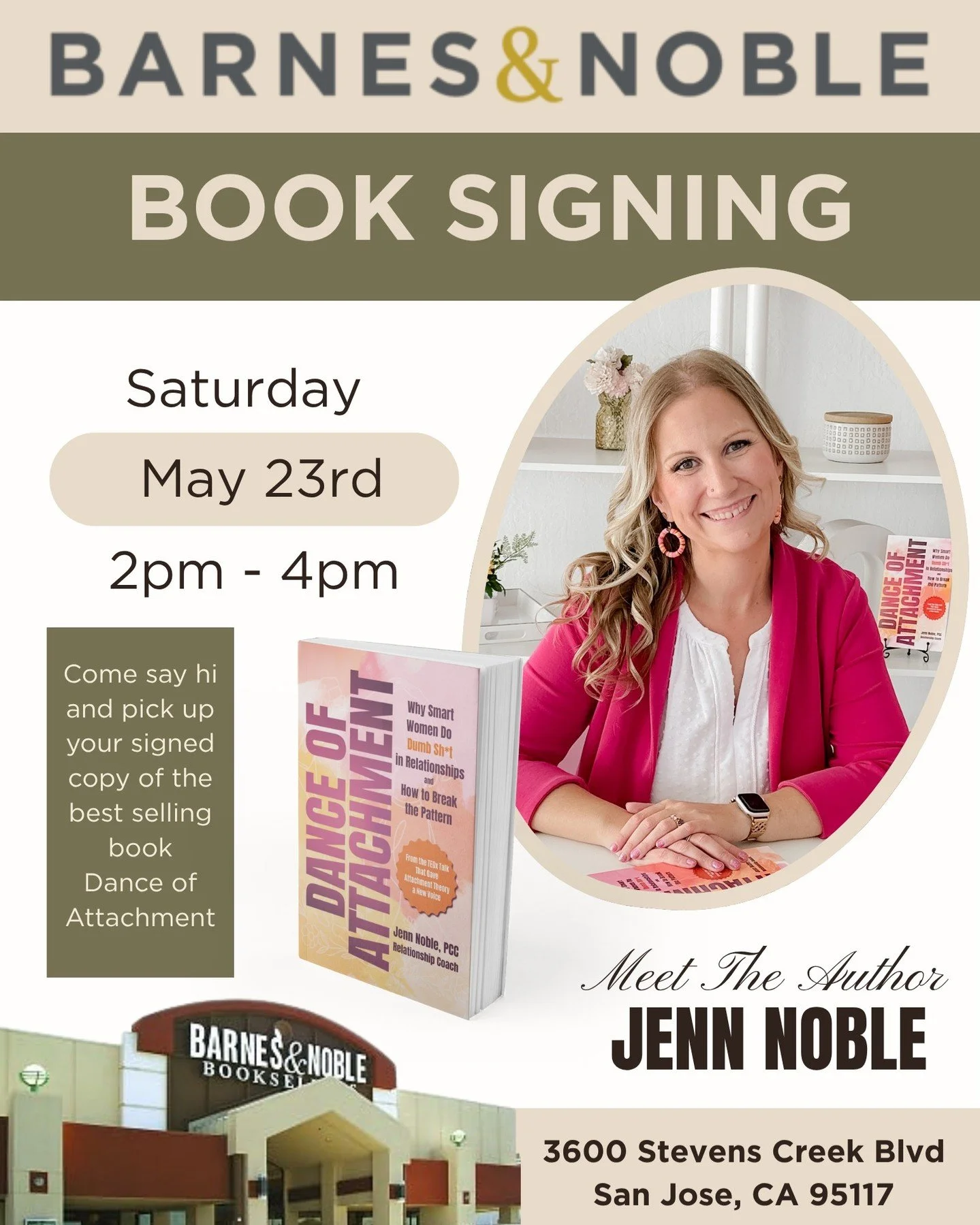 Exciting announcement!

I will be back at Barnes &amp; Noble on Stevens Creek this Saturday, May 23rd from 2pm to 4pm signing copies of my bestselling book, Dance of Attachment: Why Smart Women Do Dumb Sh*t in Relationships and How to Break the Patte