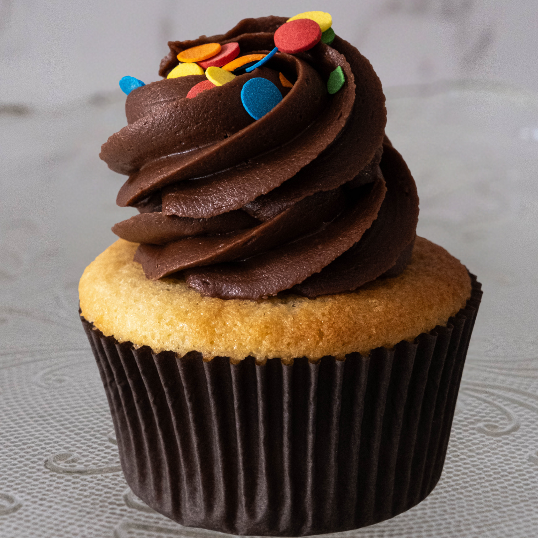 Chocolate cupcake topped with chocolate frosting and colorful sprinkles.