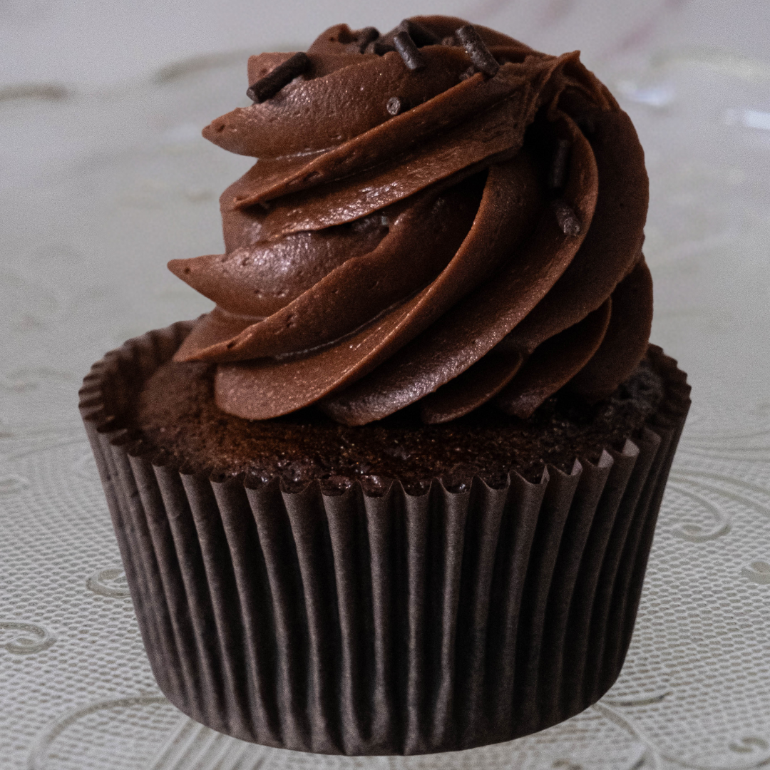 Chocolate cupcake with chocolate frosting and sprinkles on top