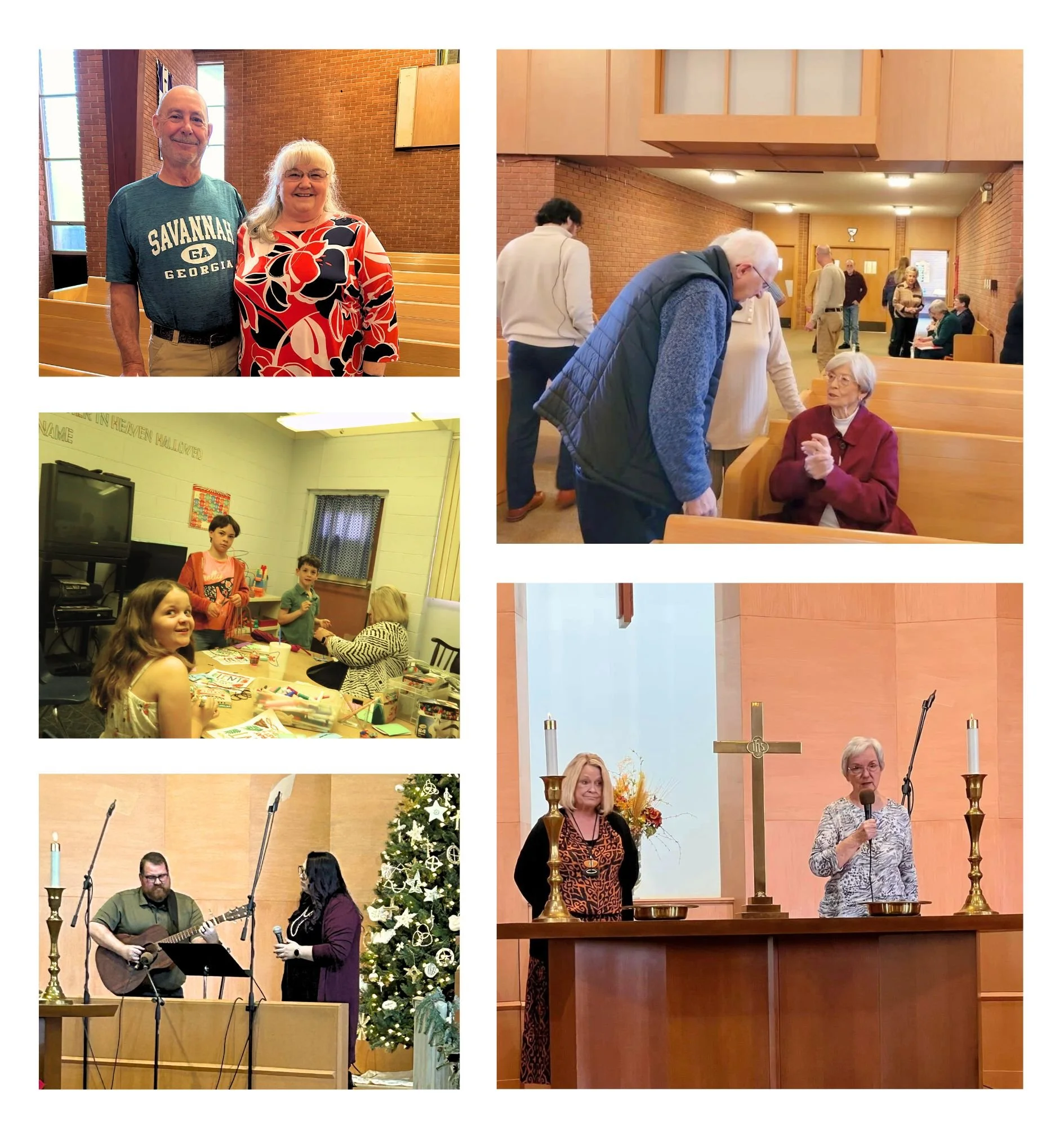 A collage of five photos taken inside a church. Top left shows a man and woman smiling at the camera. Top right depicts a group of people conversing in the church pews. Middle left features children seated at a table with crafts and art supplies. Middle right captures an elderly woman seated in a pew talking to a man leaning over her. Bottom left shows a man playing guitar and a woman singing near a decorated Christmas tree. Bottom right portrays a woman speaking into a microphone at the altar with two large candles.