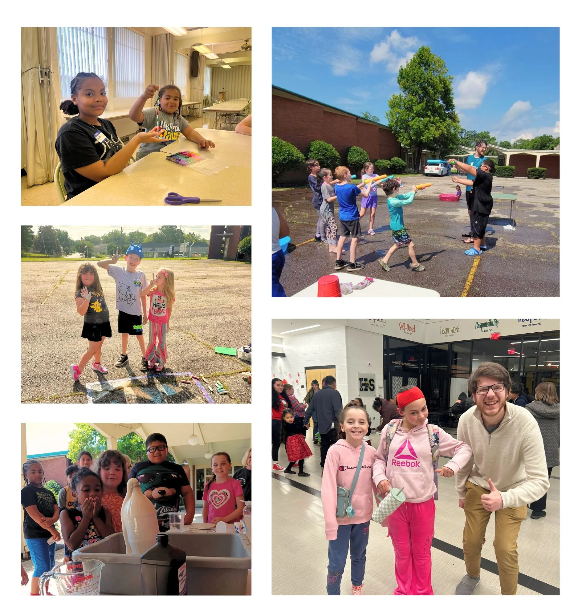 Collage of five images featuring children and adults participating in various activities. Top left: two girls indoors, one showing a craft project. Top right: children outdoors in line, aiming water guns at an adult. Middle left: children outside, with one wearing a blue hat, kids waving. Middle right: kids and adults gathering indoors with a woman in red, possibly at an event or celebration. Bottom: two girls and an adult man indoors, smiling for the camera, with a group of kids in the background.