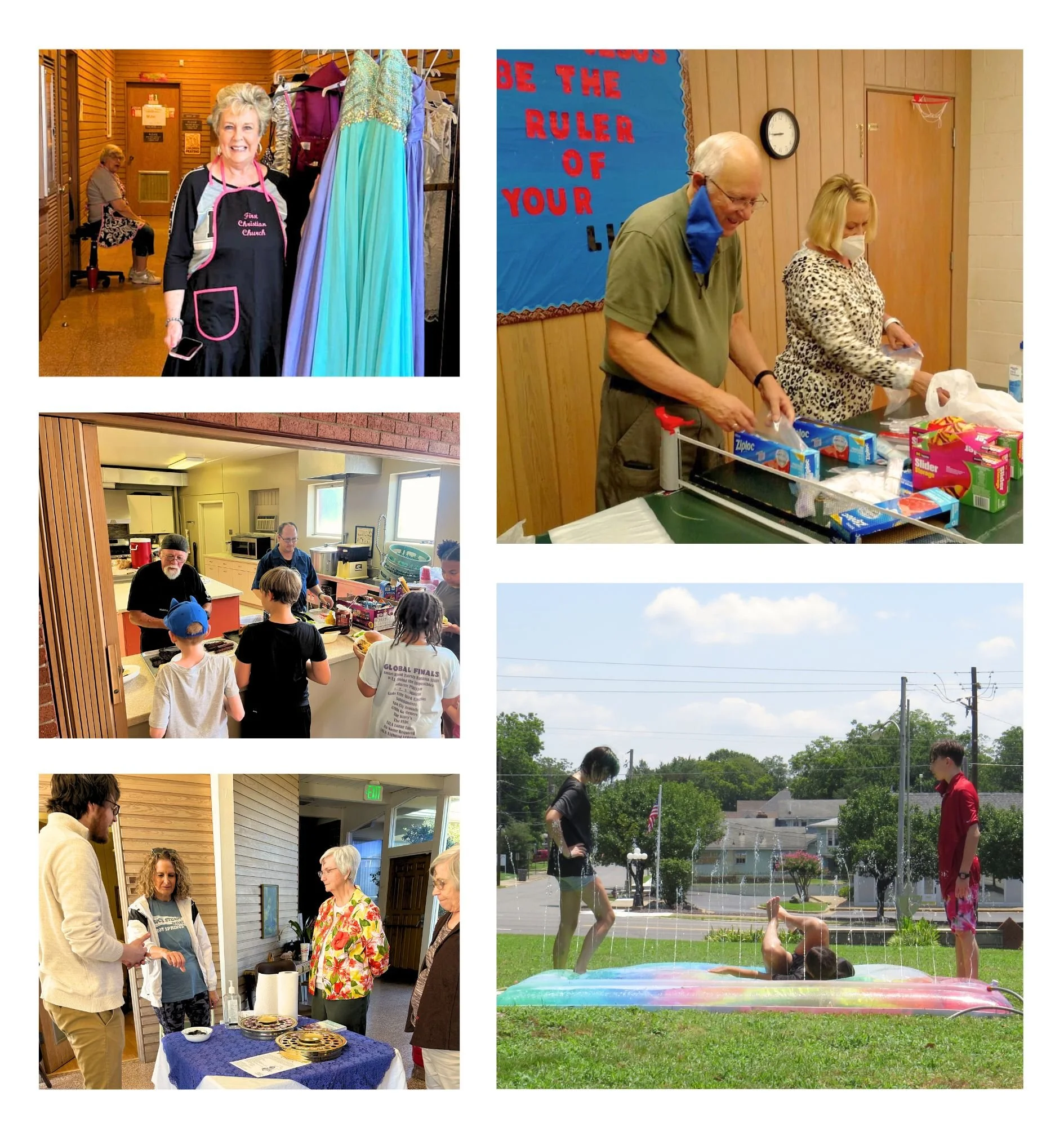 A collage of five photos showing community or church events. The top left features a woman in a black apron standing next to dresses on a rack with another person seated in the background. The top right exhibits two people, a man and a woman, packing items at a table with a blue bulletin board behind them. The middle left displays children and an adult in a kitchen or cafeteria setting, with food and supplies on the counter. The middle right shows three adults at a table with snacks and supplies, possibly preparing or organizing. The bottom right depicts children playing in a small inflatable pool outdoors on a grassy area, with two standing nearby.