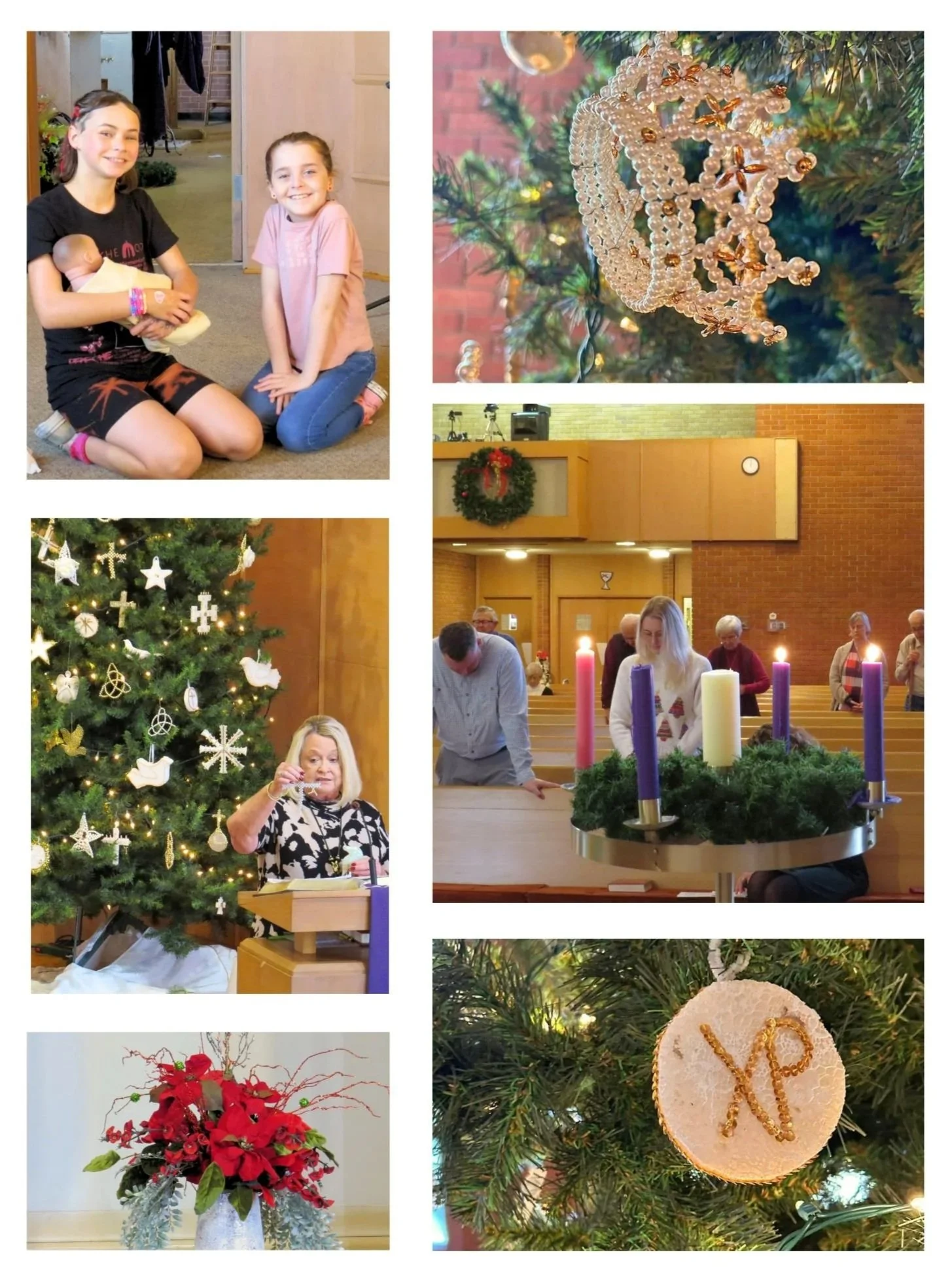 A collage of six images depicting Christmas scenes including children, ornaments, a decorated Christmas tree, a church service, and holiday decorations.