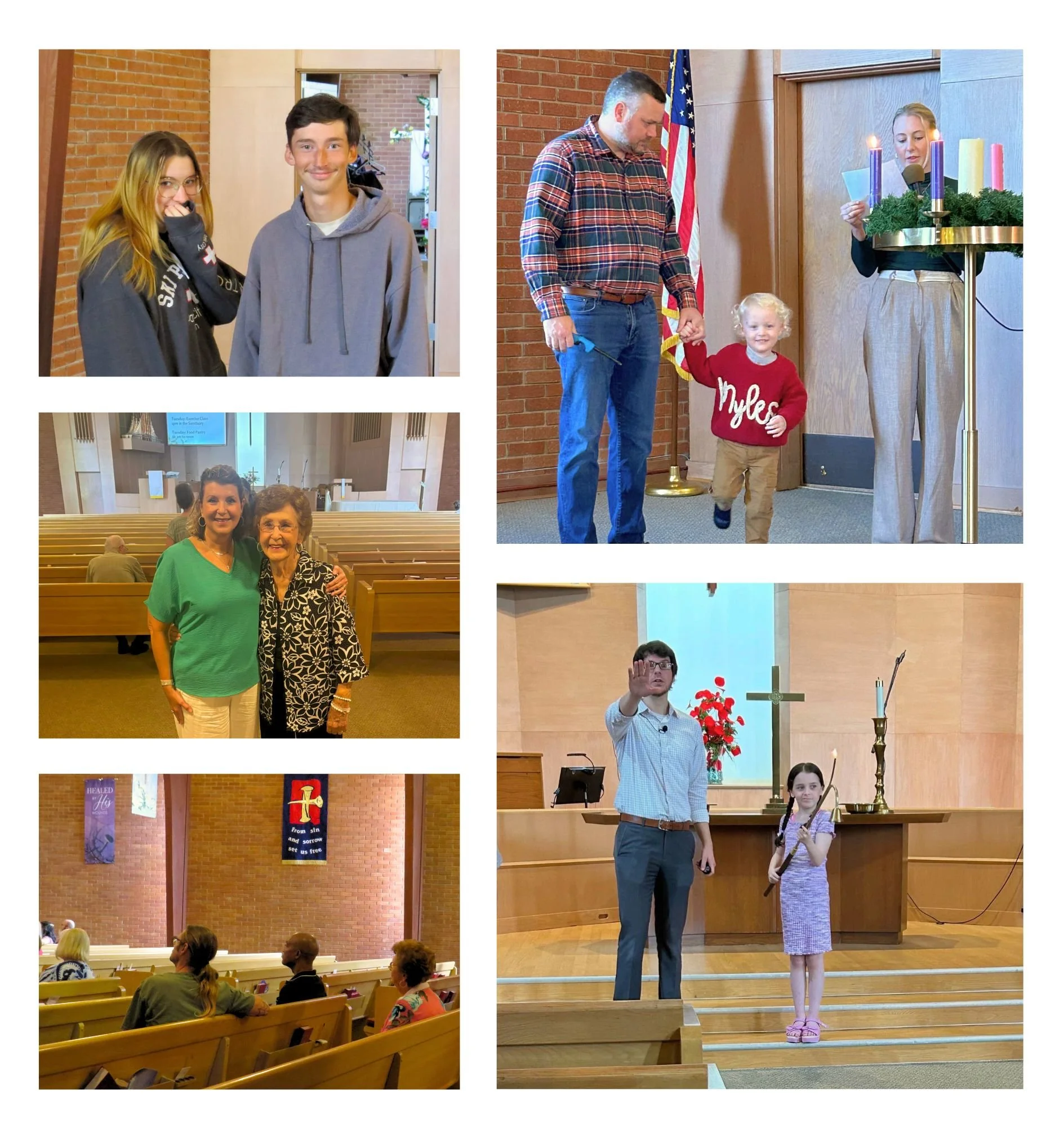 Collage of five images from a church service and community event. Top left: a young woman and a young man smiling at camera. Top right: a man holding hands with a young boy, walking towards a woman at a pulpit with lit candles. Middle left: two women standing inside a church, smiling. Middle right: people seated in pews inside the church. Bottom right: a young man and a young girl standing at the altar, the man raising his hand in blessing and the girl holding a staff.