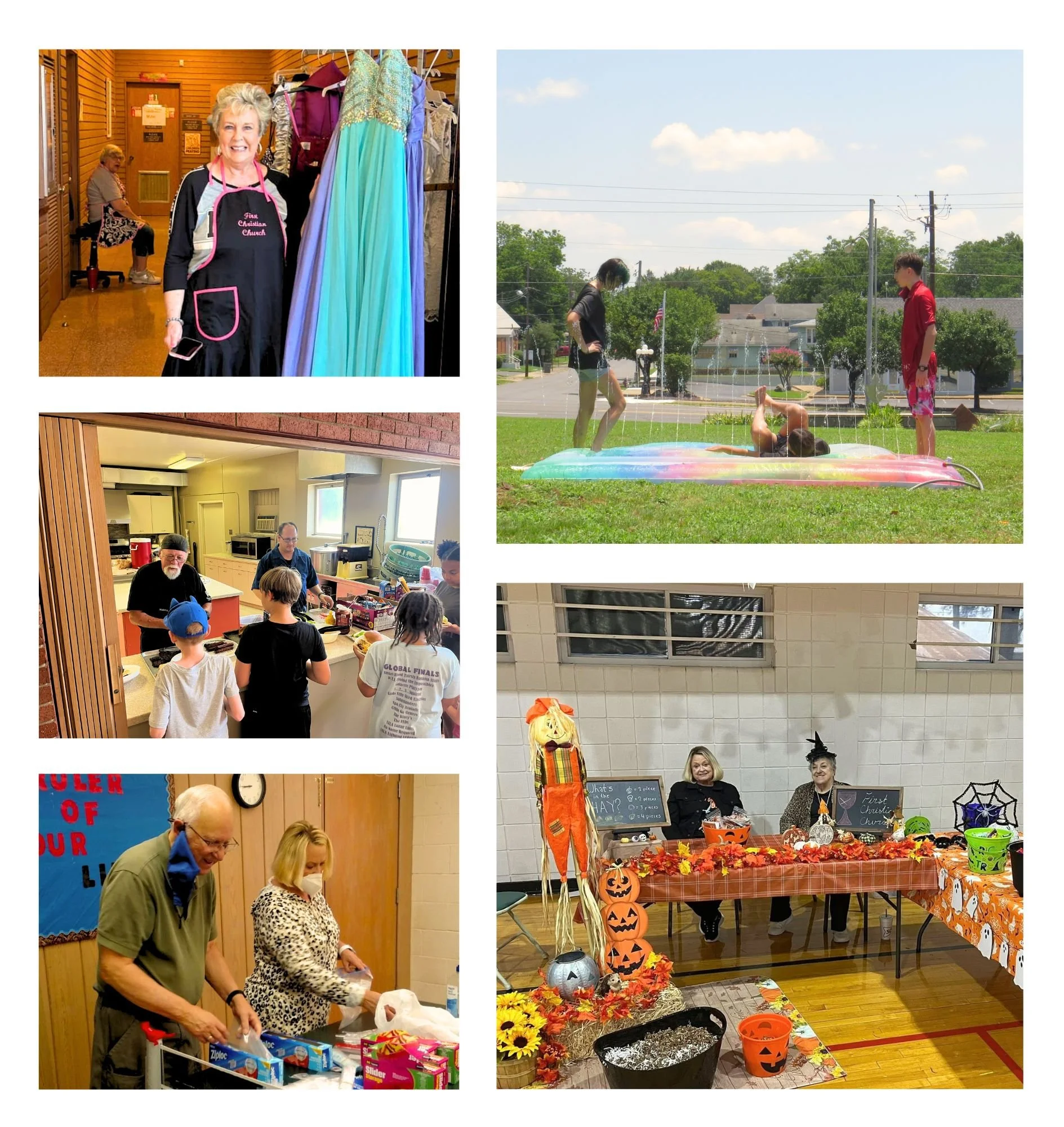 Collage of four people shopping, four children playing in a fountain, people cooking, and two women at a Halloween-themed booth.