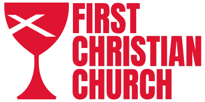 Logo of First Christian Church featuring a red chalice with a white cross and the church's name in bold red letters.