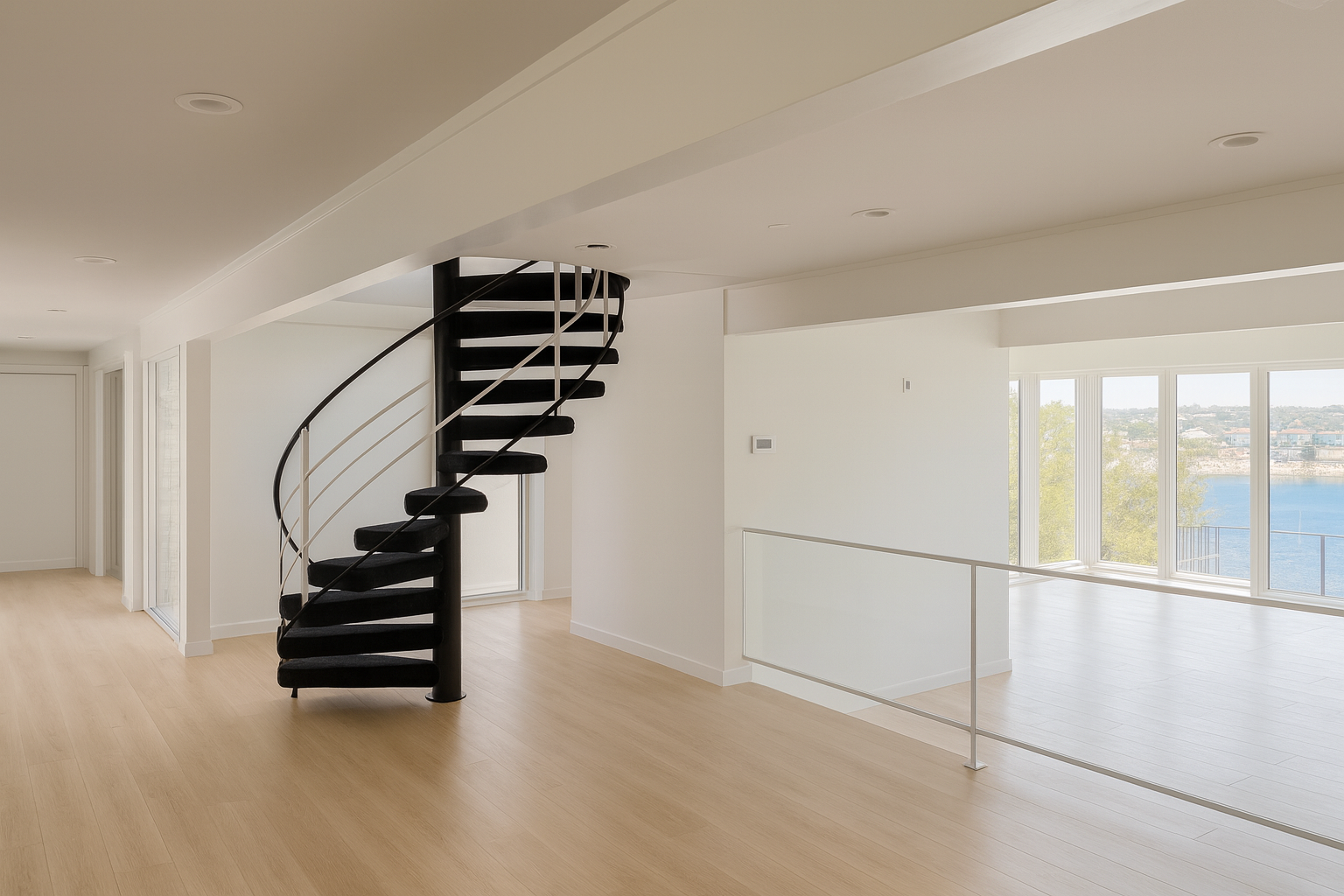 Interior of a modern, minimalistic home with a black spiral staircase, light wood flooring, and large windows overlooking a body of water.