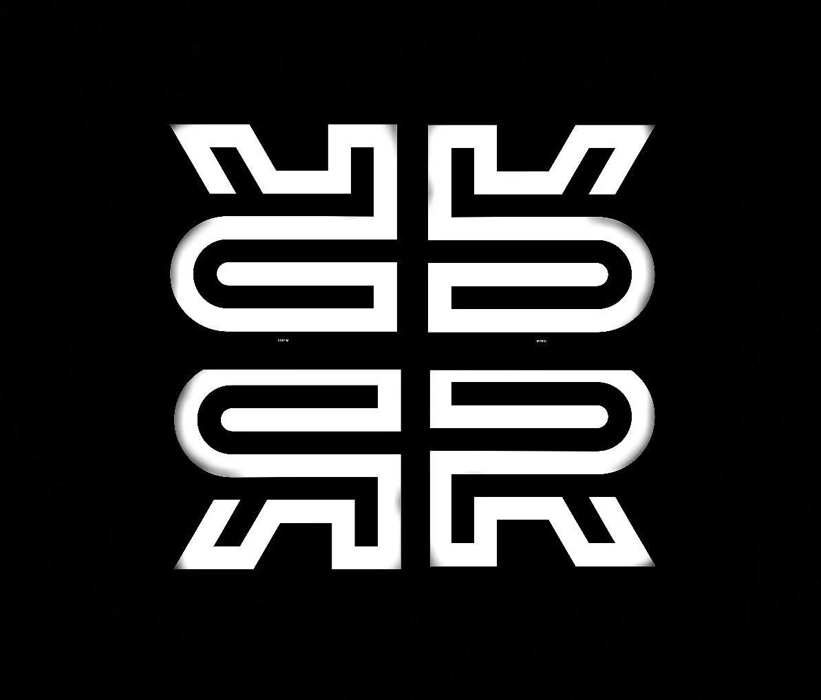 A symmetrical, abstract black and white digital design with geometric shapes and mirrored lines.