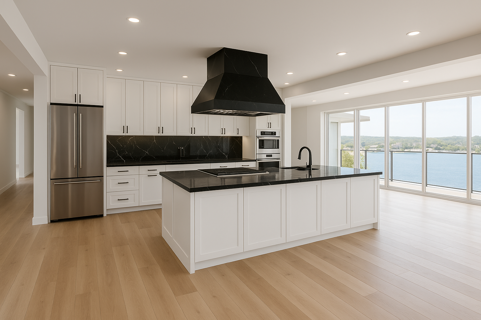 Modern kitchen with white cabinets, black countertops, stainless steel appliances, a black range hood, and a large window overlooking a water view.