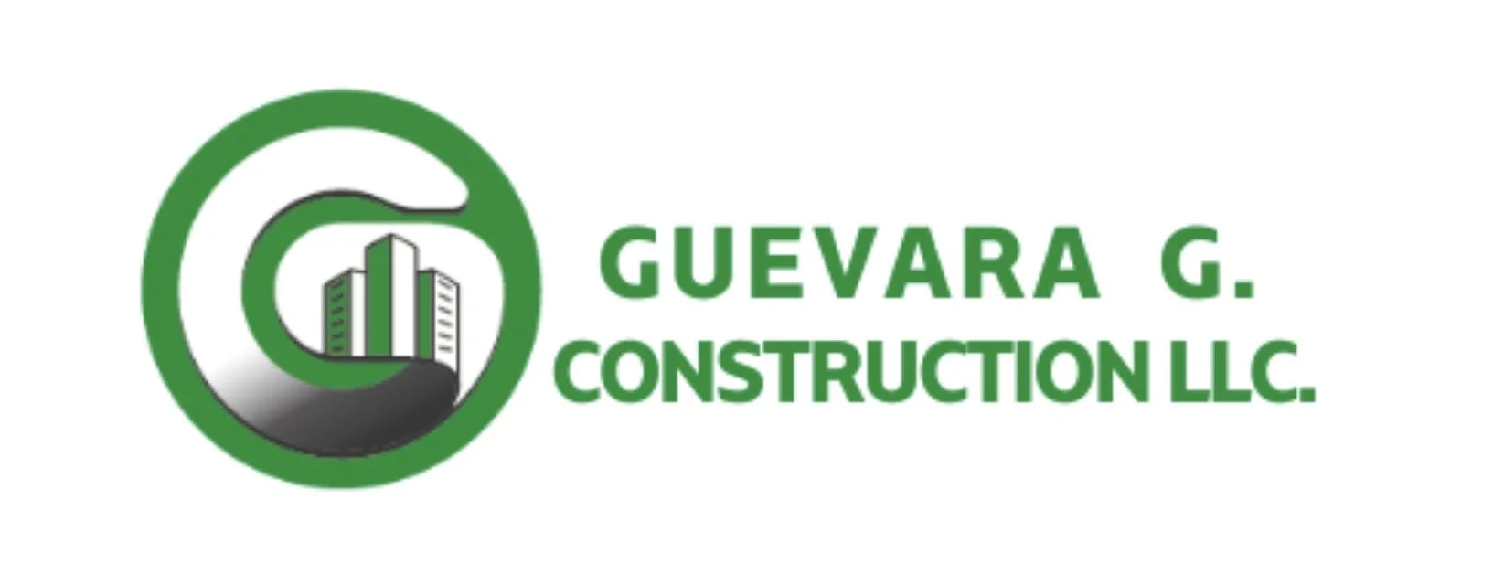 Guevara G. Construction LLC logo featuring a green and black circular emblem with a cityscape illustration and the company name in green text.