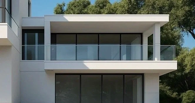 Modern apartment building with large glass windows and balcony, surrounded by trees.