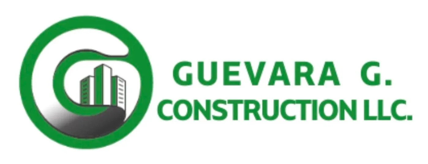Logo for Guevara G. Construction LLC featuring a green circle with a black road leading to a modern green and white skyscraper, and the company name in bold green letters.