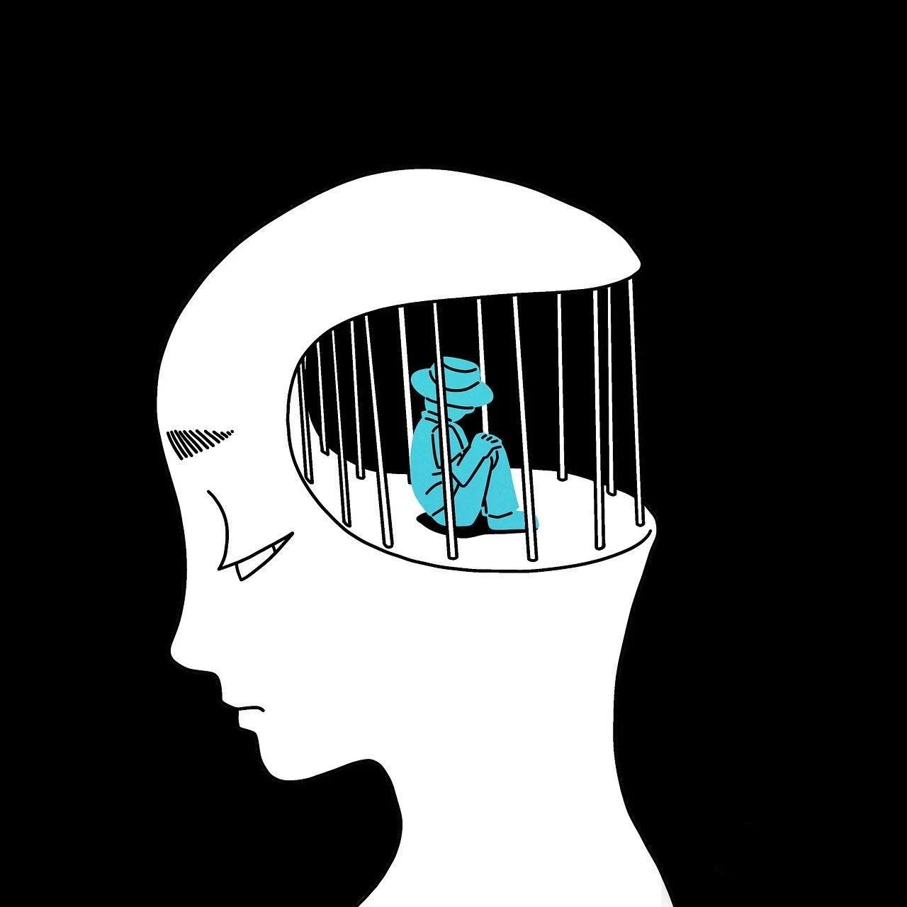 A black and white illustration of a person's profile with self metaphorically caged inside their own head