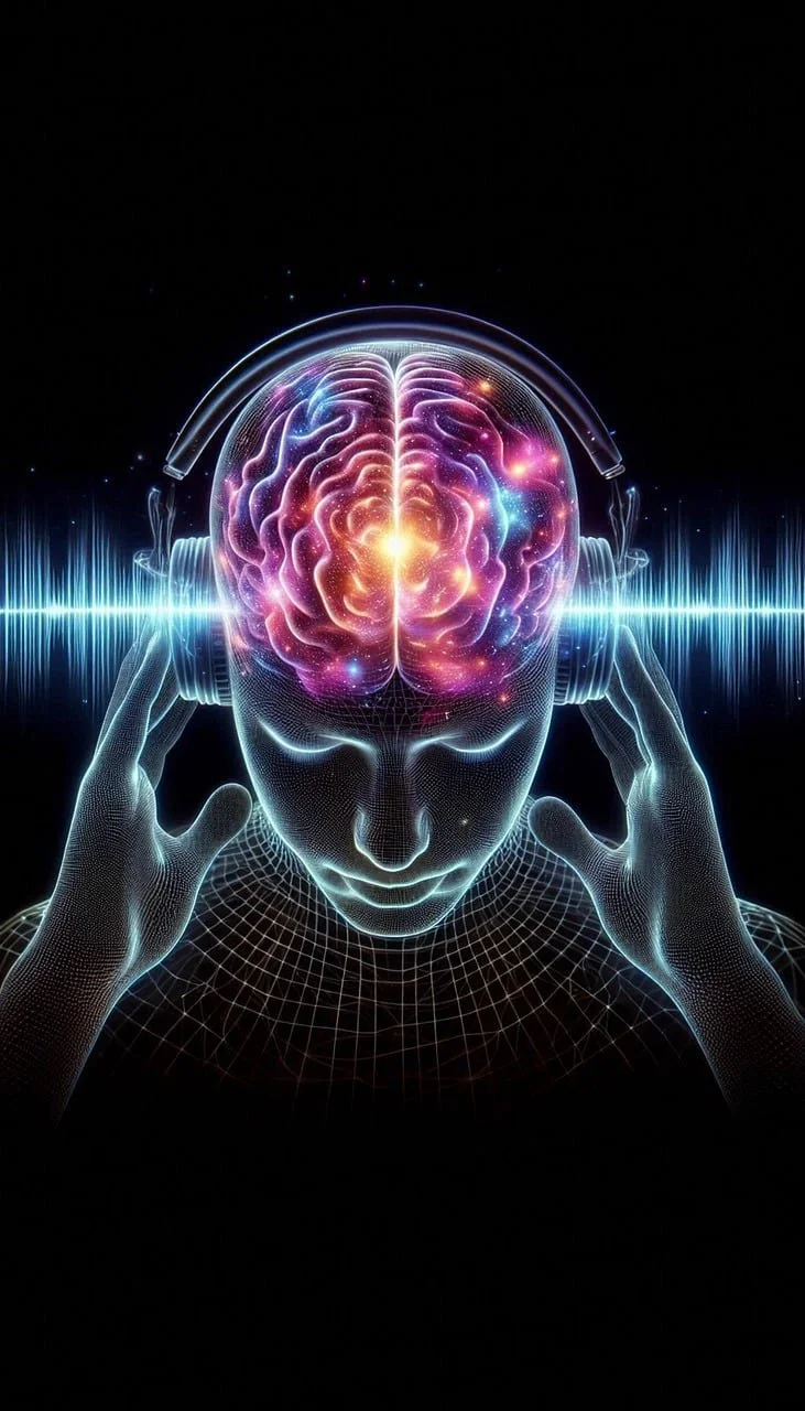 Digital artwork of a person listening to bilateral music with neural activity.