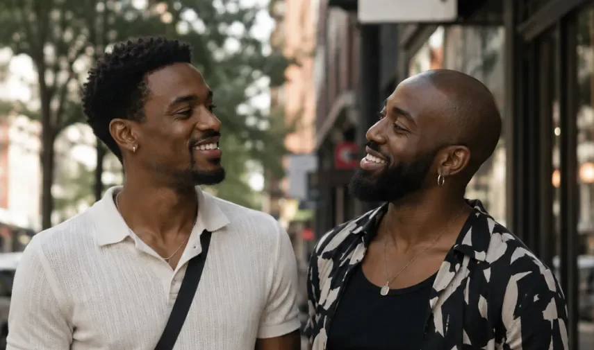 Two Black men smiling and talking while walking together on a city street.