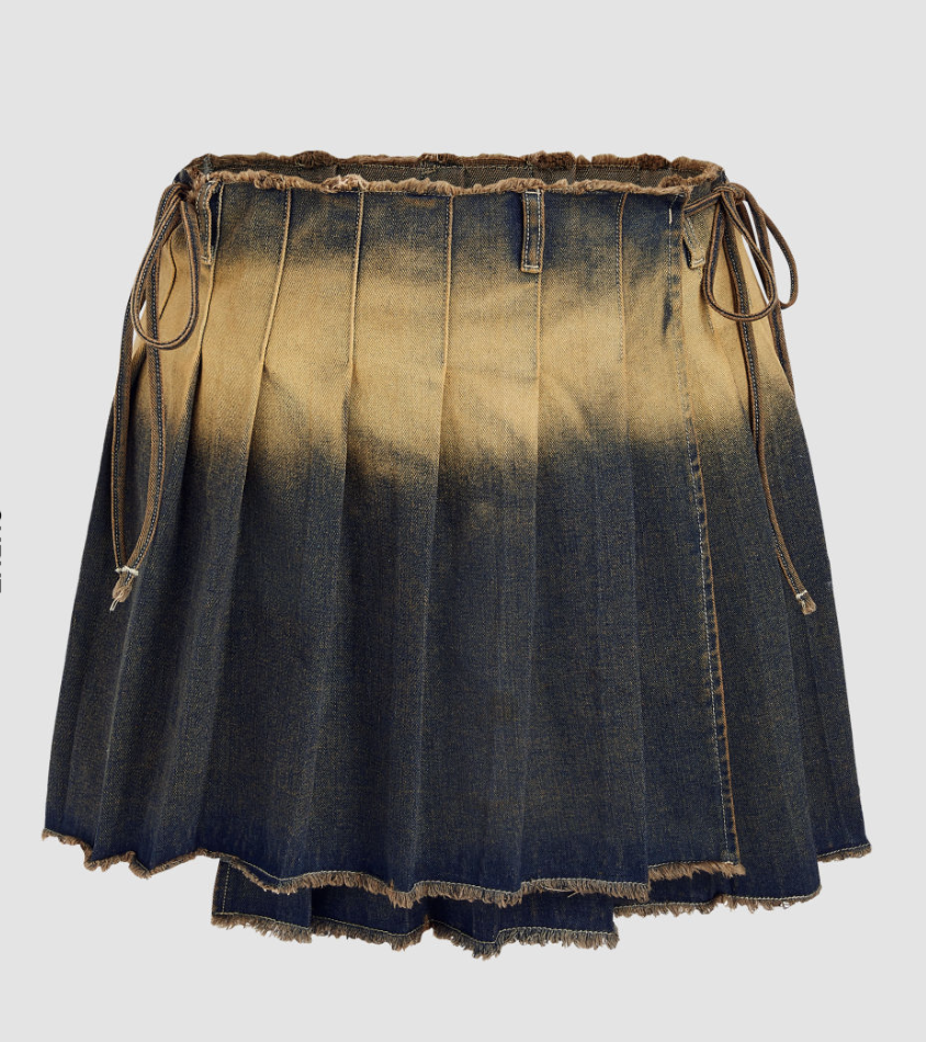Jean Skirt Denim Denim Washed Raw Hem Pleated Mini Skirt