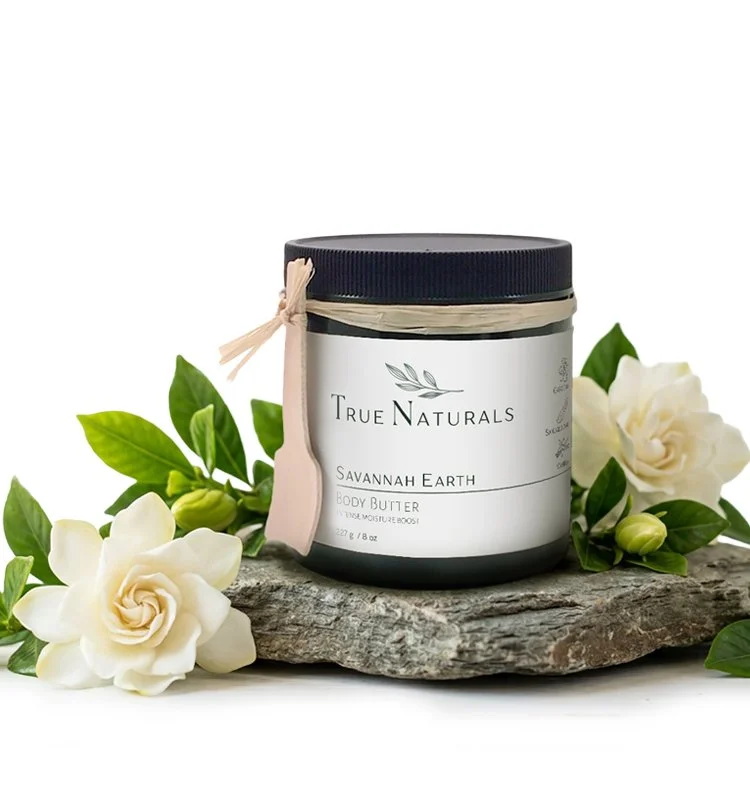 True Naturals Savannah Earth body butter, pure plant-based moisturizer with gardenia essential oil