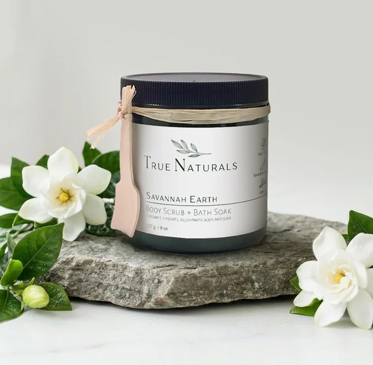 True Naturals savannah earth body scrub with Gardenia flowers, all-natural plant based skincare with pure essential oil