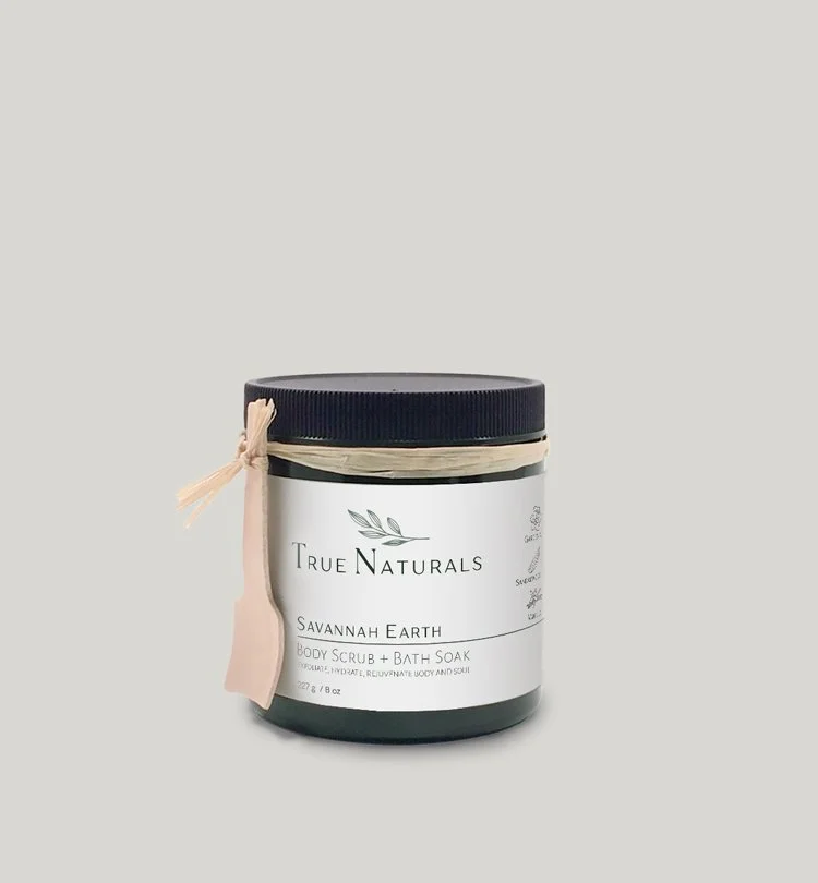 True Naturals savannah earth body scrub, all-natural plant based skincare with pure essential oil