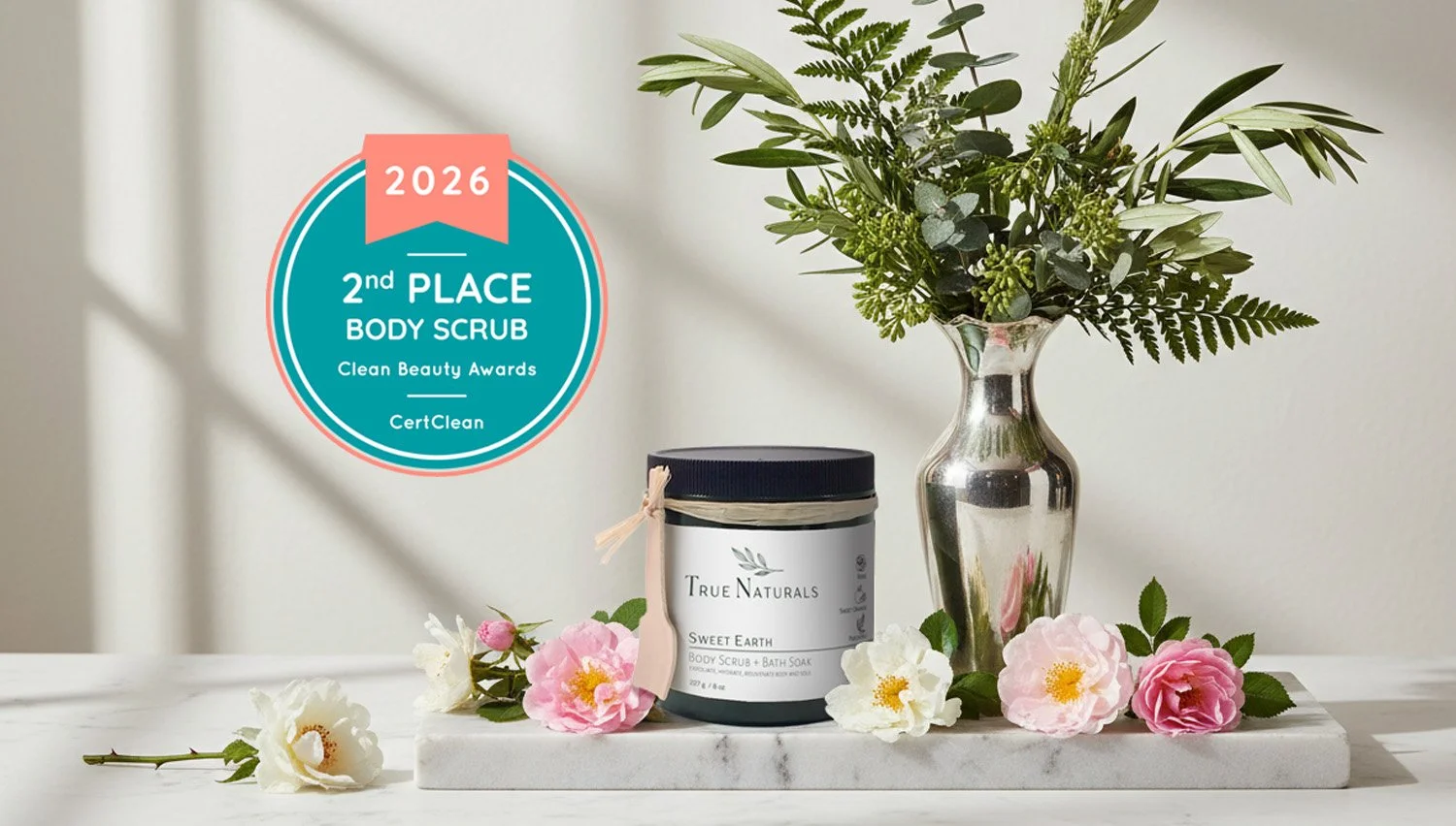 True Naturals Sweet Earth body scrub, all-natural plant-based skincare. Second place winner best body scrub 2026 CertClean Clean Beauty Awards..