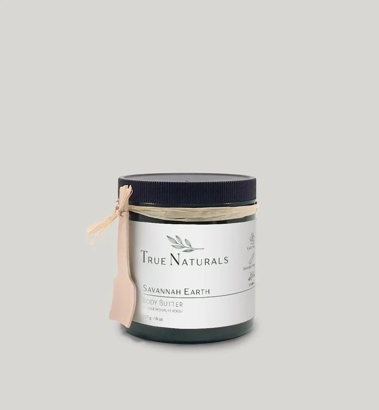 True Naturals savannah earth body butter, all-natural plant based skincare with pure essential oil