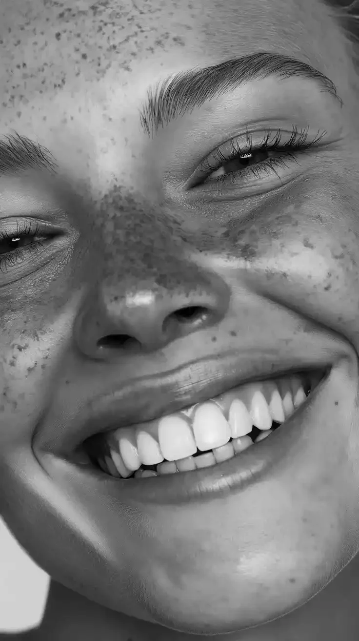 Close-up of a smiling person with freckles showing clean teeth after a dental hygiene treatment at Smile Bar Calgary.
