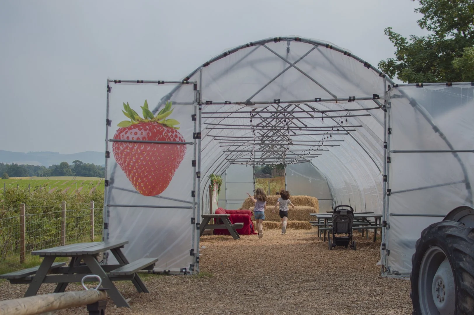 A greenhouse with a large strawberry graphic on the side, two children running inside, hay bales, and outdoor farm scenery.