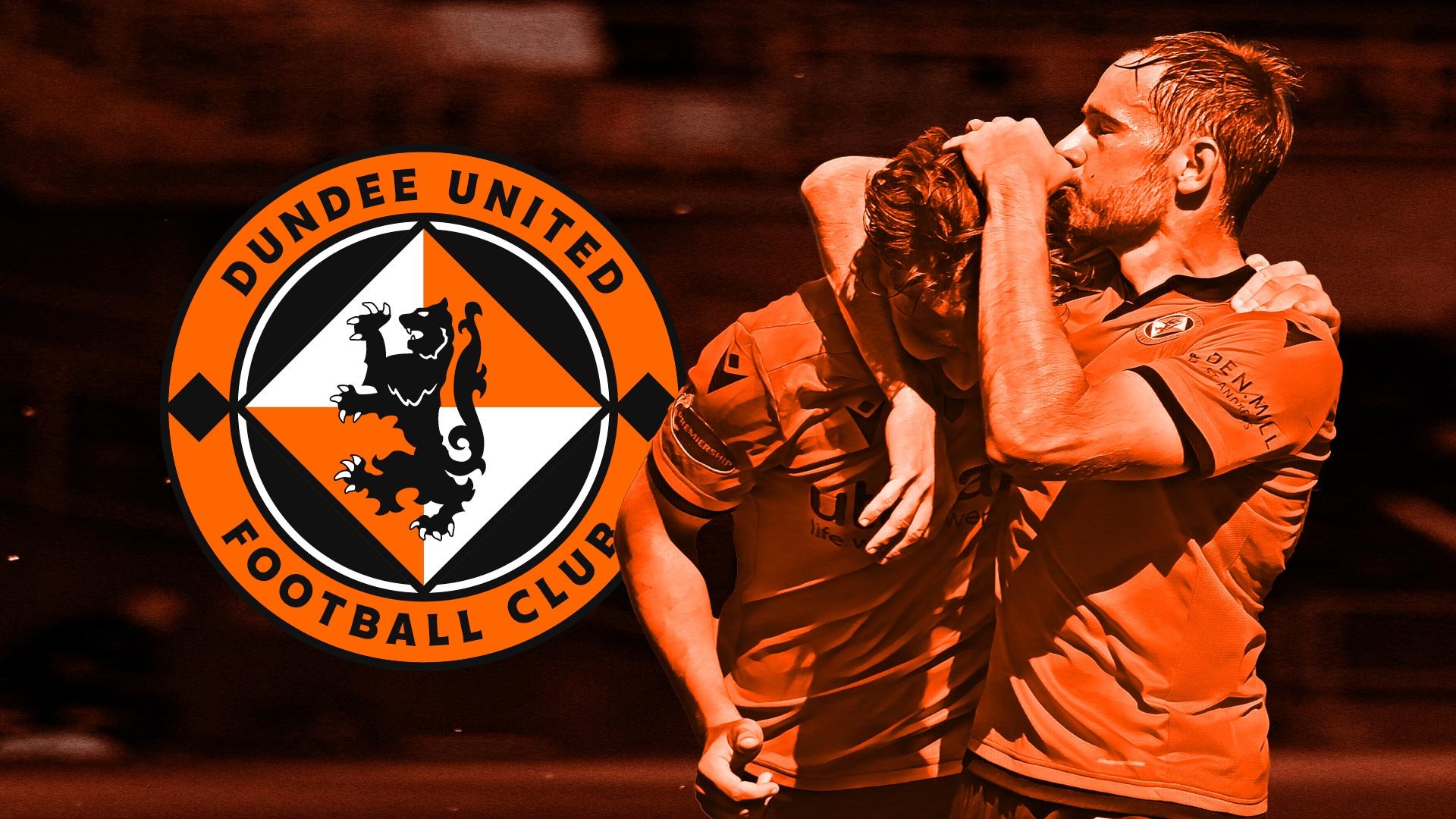 Two soccer players in orange jerseys celebrating with a kiss on the field, with a Dundee United Football Club logo in the foreground.
