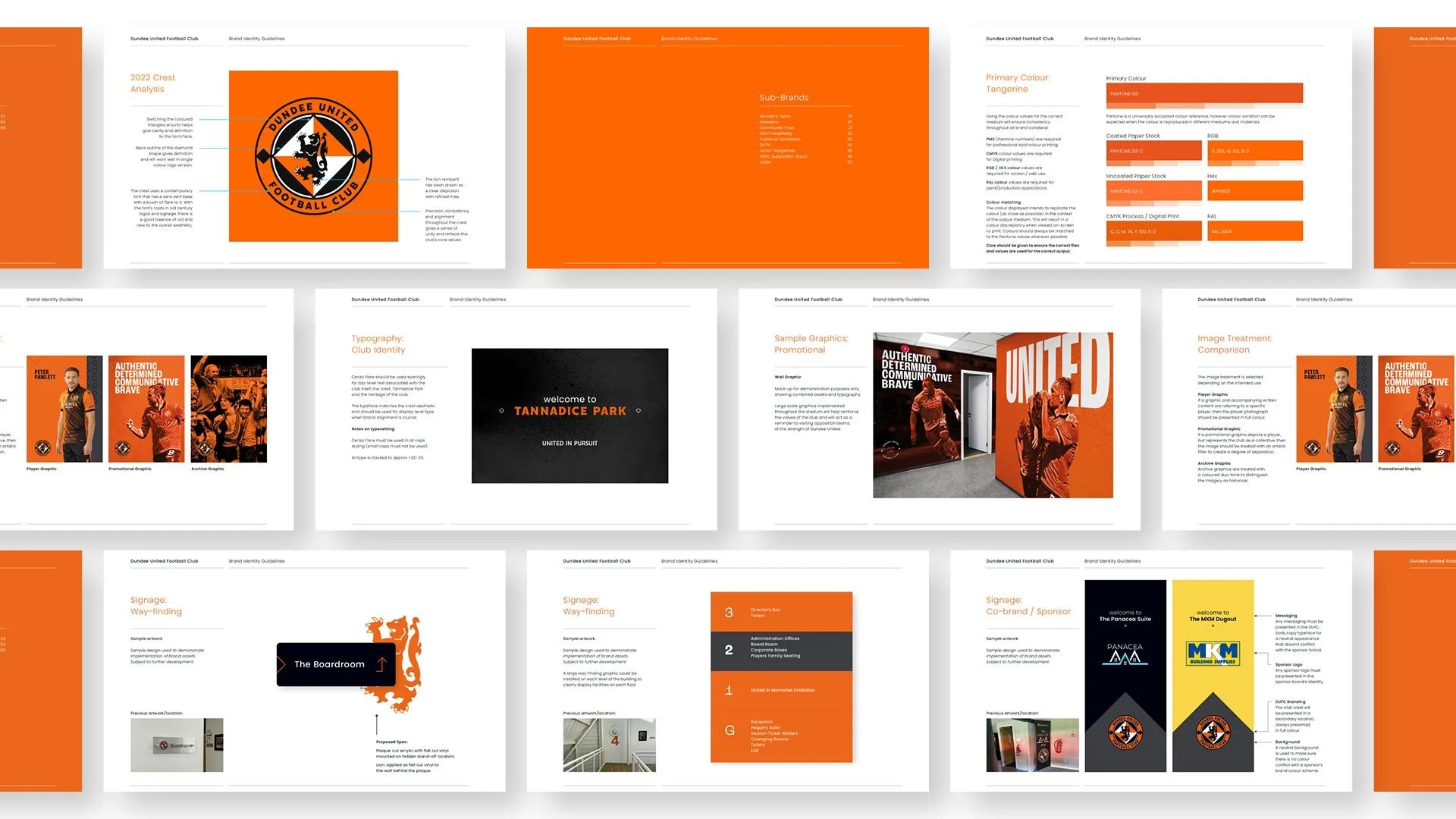 A collection of brand identity guideline pages for Dundee United Football Club, featuring logos, color palettes, graphics, signage, and promotional materials in orange, black, and white.