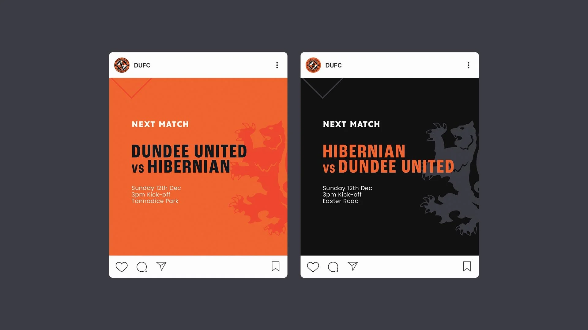 Social media posts announcing the next football match between Dundee United and Hibernian, scheduled for Sunday, December 12th at 3 pm, with location details.
