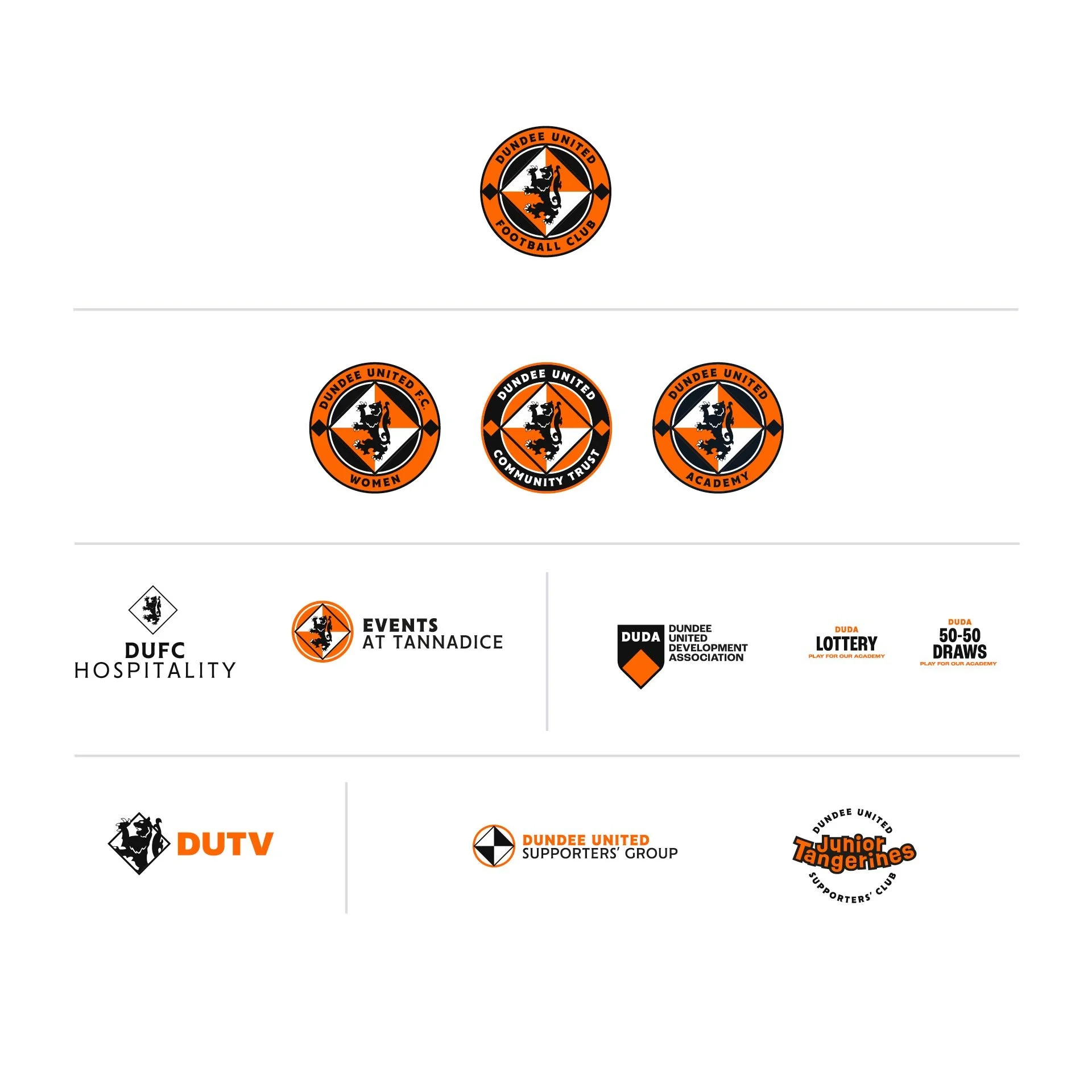Multiple logos and emblems of Dundee United Football Club, including various supporting groups and initiatives like hospitality, community trust, academy, supporters group, and junior tangerines.