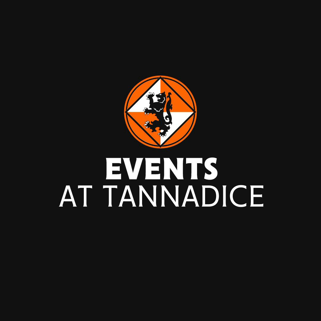Black background with a circular emblem featuring a lion and shield, and white text reading 'Events at Tannadice'.