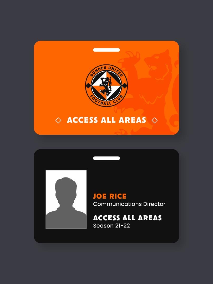 Two access badges for Dundee United Football Club. The first badge is orange with the team logo and the text "Access All Areas." The second badge is black with a silhouette of a person, the name "Joe Rice," the title "Communications Director," and the text "Access All Areas" for season 2021-22.