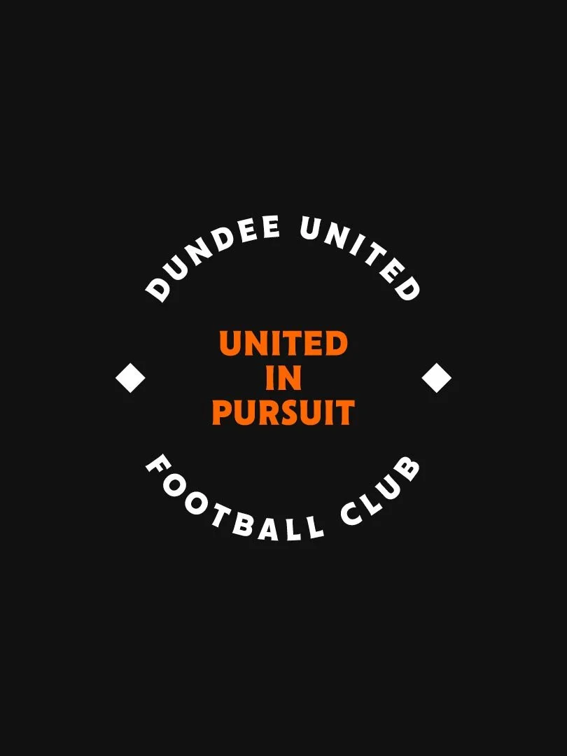 Dundee United Football Club logo with orange text 'United in Pursuit' in the center, white text 'Dundee United Football Club' surrounding the logo on a black background.