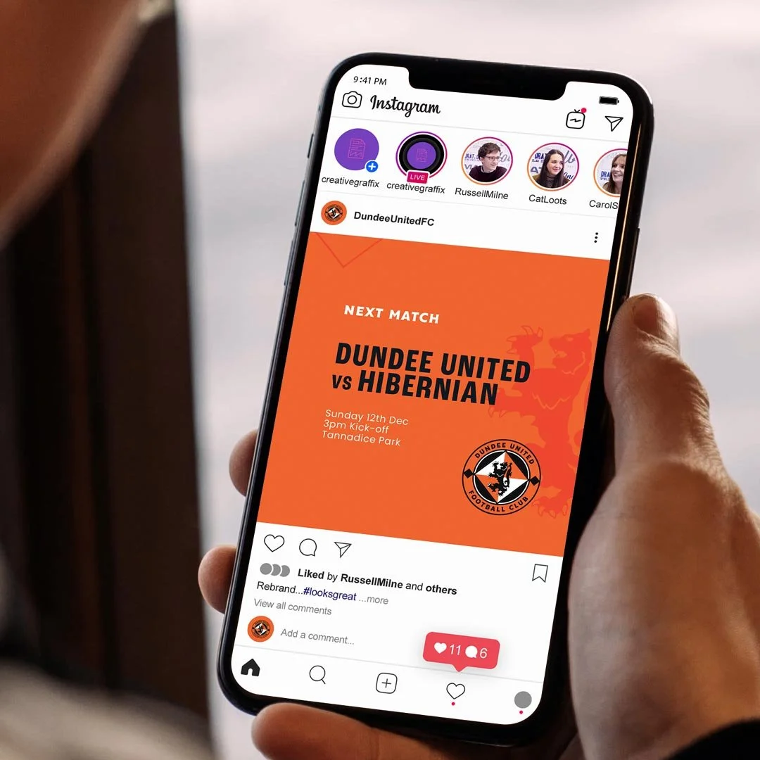 Instagram post advertising a football match between Dundee United and Hibernian scheduled for Sunday, December 12th at 3 pm at Tannadice Park.
