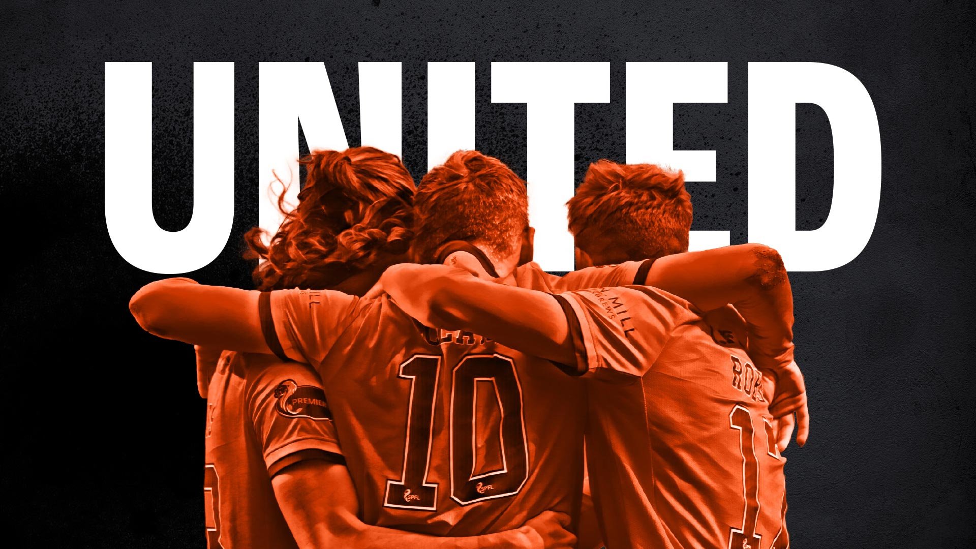 Group of soccer players huddled together with arms around each other, celebrating, overlaid with the word 'UNITED' in large white letters.