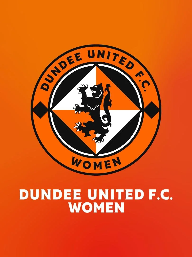 Dundee United F.C. women logo with a black lion in the center, orange and black diamonds behind it, and the team name in bold white letters below on an orange gradient background.