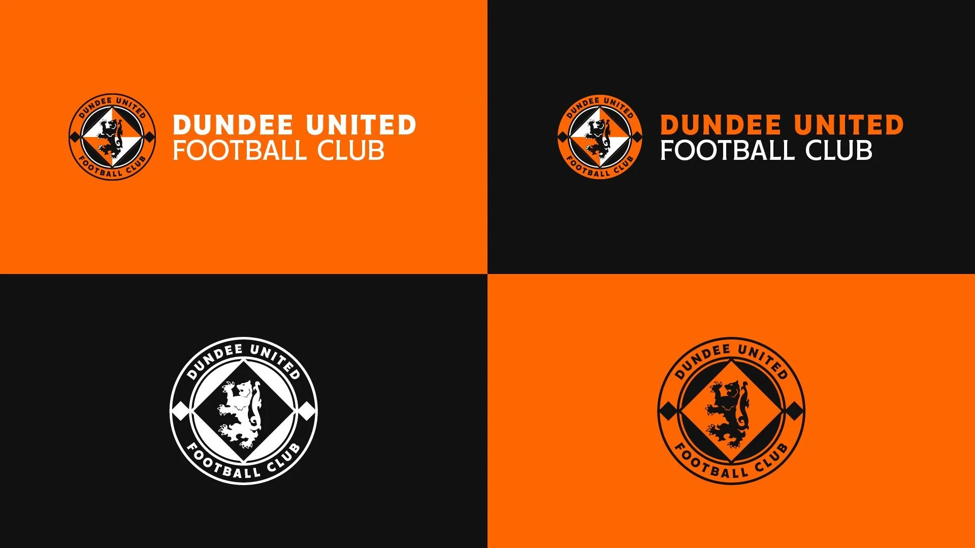 A digital graphic with four sections displaying the Dundee United Football Club logo and name. The top left and bottom right sections have an orange background with the club emblem and white text. The top right section features a black background with the club's name in orange and white text. The bottom left section has a black background with the club's emblem and white text.