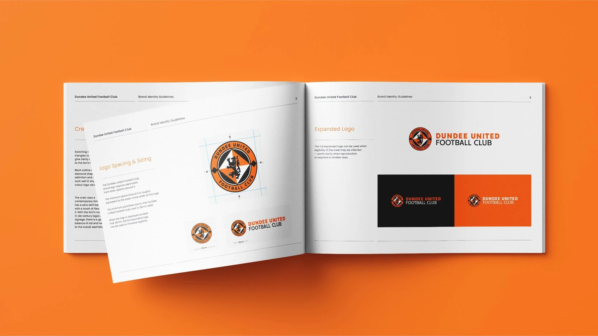 Open booklet with Dundee United Football Club branding guidelines, including logo variations and spacing details, placed on an orange background.